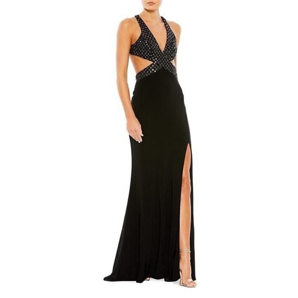Mac Duggal Black Floral Sequin Criss-Cross Jersey Formal  Gown | 6